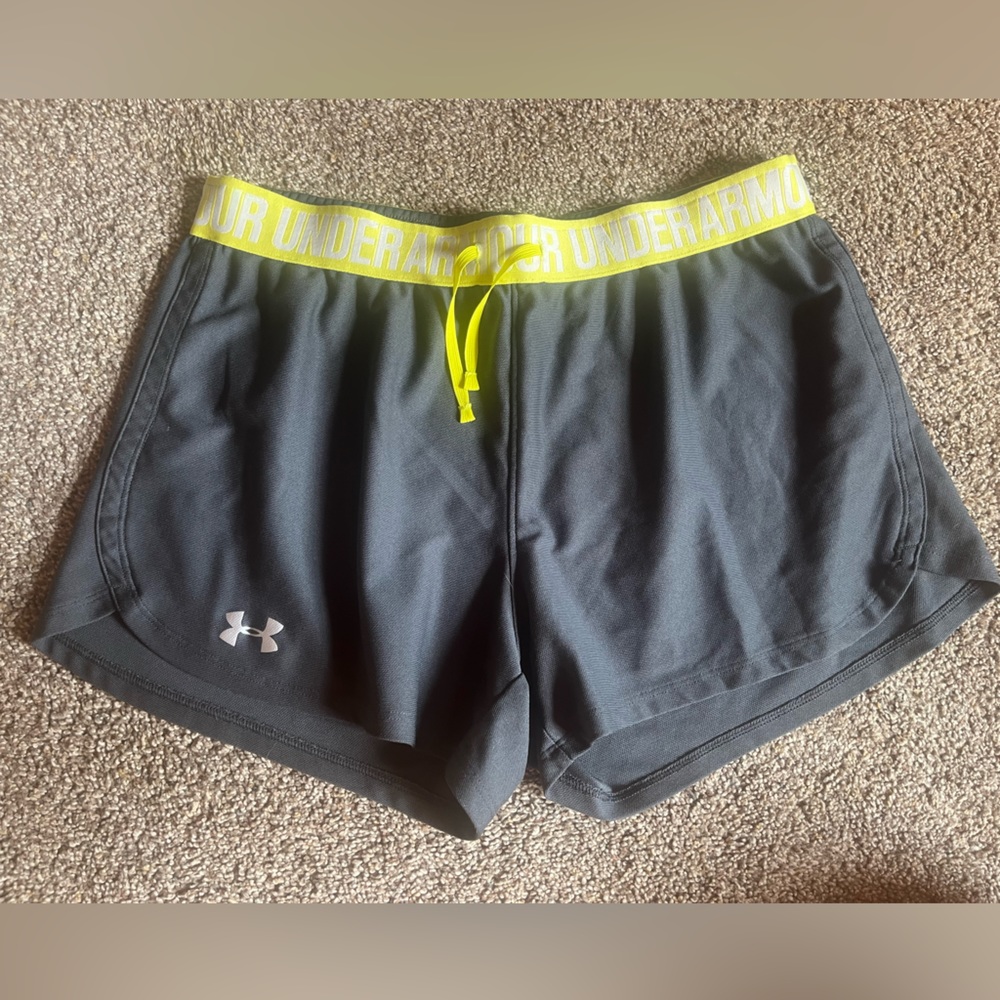 Under armour gray shorts with yellow waistband size small